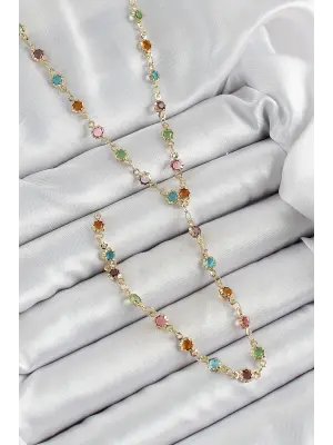 Pirinç Asorti Çiçek Model Gold Renk Zirkon Taşlı Y Kolye