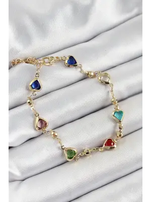 Pirinç Asorti Kalp Model Gold Renk Zirkon Taşlı Kadın Bileklik