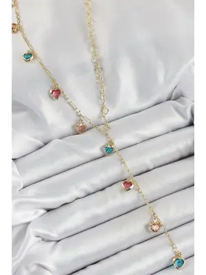 Pirinç Asorti Kalp Model Gold Renk Zirkon Taşlı Y Kolye
