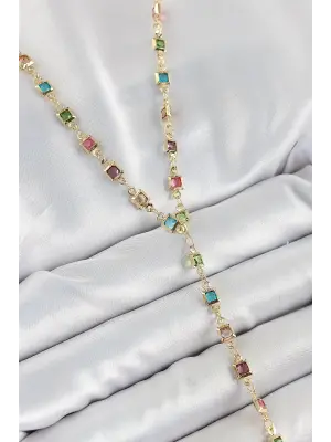 Pirinç Asorti Kare Model Gold Renk Zirkon Taşlı Y Kolye