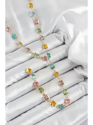 Pirinç Asorti Kare Model Gold Renk Zirkon Taşlı Y Kolye