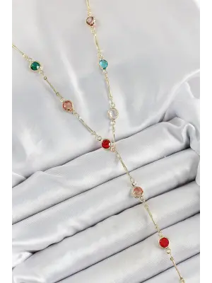Pirinç Asorti Model Gold Renk Zirkon Taşlı Y Kolye