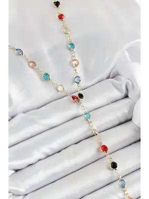 Pirinç Asorti Model Gold Renk Zirkon Taşlı Y Kolye