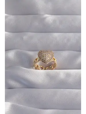  Ayarlamalı Altın Zirkon Taşlı Bombeli Kalp Yüzük