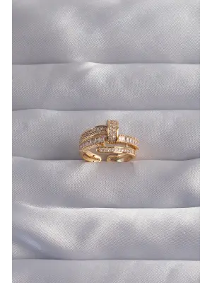  Ayarlamalı Altın Zirkon Taşlı Kıvrımlı Çivi Yüzük