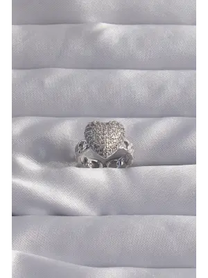  Ayarlamalı Gümüş Zirkon Taşlı Bombeli Kalp Yüzük