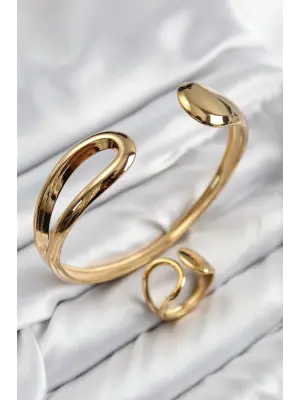 Pirinç Ayrık Model Gold Renk Bileklik Yüzük Set