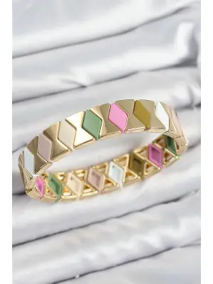 Pirinç Baklava Desenli Asorti Gold Renk Lastikli Kadın Bileklik