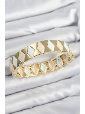 Pirinç Baklava Desenli Krem Beyaz Gold Renk Lastikli Kadın Bileklik