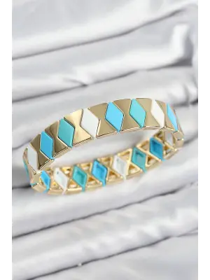Pirinç Baklava Desenli Mavi Beyaz Gold Renk Lastikli Kadın Bileklik