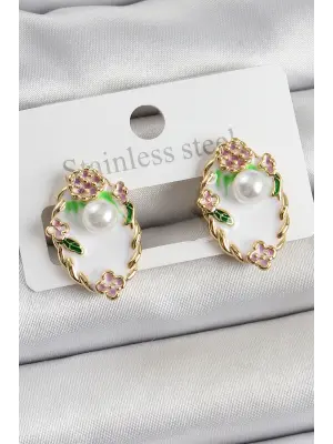 Pirinç Beyaz Mineli İnci Detaylı Sanatsal Portre Model Gold Renk Kadın Küpe