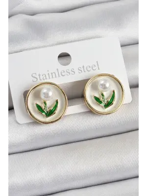 Pirinç Beyaz Mineli Lale Figürlü Sanatsal Portre Model Gold Renk Kadın Küpe