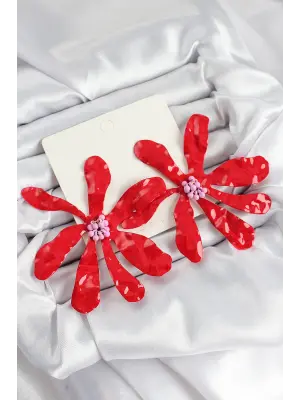 Pirinç Büyük Kırmızı Çiçek Model Kadın Küpe