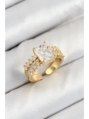 Pirinç  Büyük Zirkon Taşlı Model Gold Renk Kadın Yüzük