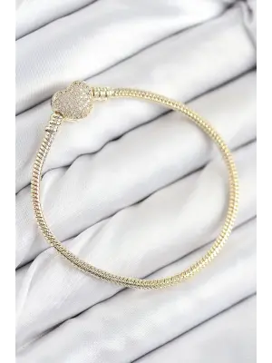 Pirinç Charm Zirkon Taşlı Kalp Model Gold Renk Kadın Bileklik