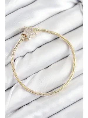 Pirinç Charm Zirkon Taşlı Yıldız Model Gold Renk Kadın Bileklik
