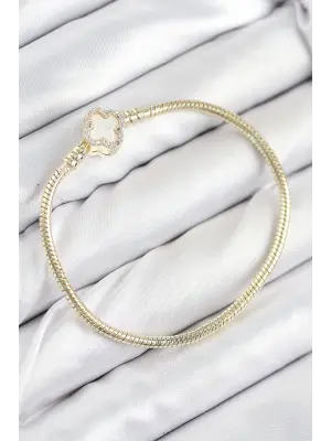 Pirinç Charm Zirkon Taşlı Yonca Model Gold Renk Kadın Bileklik