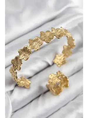 Pirinç Çiçek Model Gold Renk Bileklik Yüzük Set