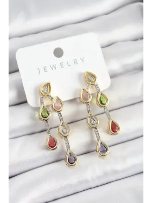 Pirinç Çoklu Damla Model Karşık Zirkon Taşlı Gold Ve Gümüş Renk Kadın Küpe