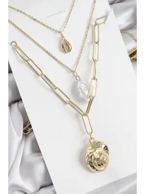 Pirinç Çoklu Zincirli İncili Deniz Kabuğu Model Gold Renk Kadın Kolye