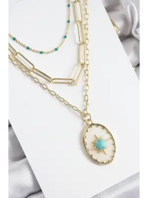 Pirinç Çoklu Zincirli Mavi Boncuklu Pusula Model Gold Renk Kadın Kolye