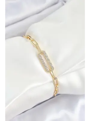 Pirinç  Dikdörtgen Model Zirkon Taşlı Gold Renk VİP Seri Kadın Bileklik