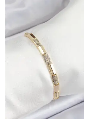 Pirinç Dikdörtgen Model Zirkon Taşlı Gold Renk VİP Seri Kadın Bileklik