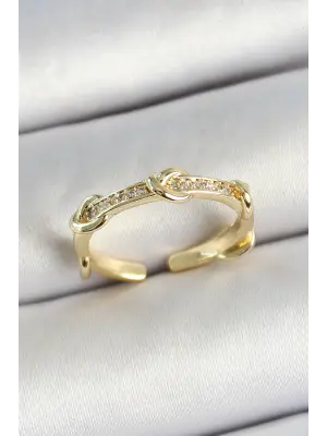 Pirinç Düğüm Figürlü Zirkon Taşlı Gold Renk Ayarlanabilir Kadın Yüzük