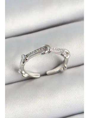 Pirinç Düğüm Figürlü Zirkon Taşlı Gümüş Renk Ayarlanabilir Kadın Yüzük