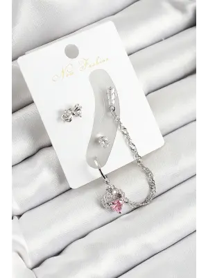 Pirinç Fiyonk ve Kalp Figürlü Zirkon Taşlı Gümüş Renk 3lü Kıkırdak Kadın Küpe Set