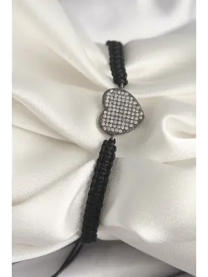 Pirinç Füme Renk Zirkon Taşlı Kalp Figür Asansörlü Makrome Model Kadın Bileklik