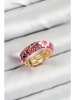 Pirinç Fuşya Mineli Çiçek Motifli Gold Renk Ayarlanabilir Kadın Yüzük