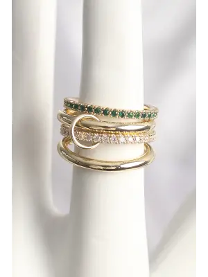 Pirinç God Renk Yeşil Zirkon Taşlı 4Lü Kadın Yüzük
