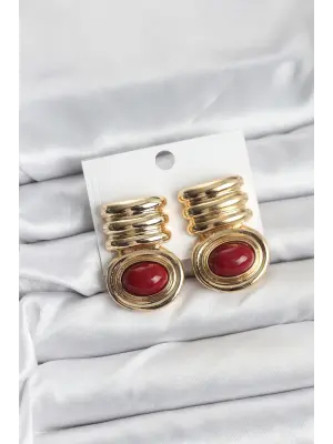 Çelik Gold Bordo Renk Vintage Kadın Küpe