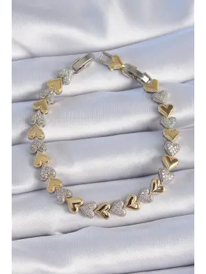 Pirinç Gold Gümüş Renk Kalp Model VİP Seri Kadın Bileklik