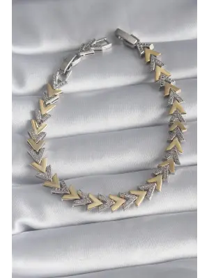Pirinç Gold Gümüş Renk Zirkon Taş Detay V Model VIP Seri Kadın Bileklik