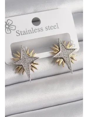  Gold Gümüş Zirkon Taşlı Kutup Yılıdız Model Çelik Küpe
