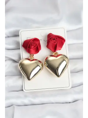 Pirinç Gold Kalpli Kırmızı Gül Model Kadın Küpe