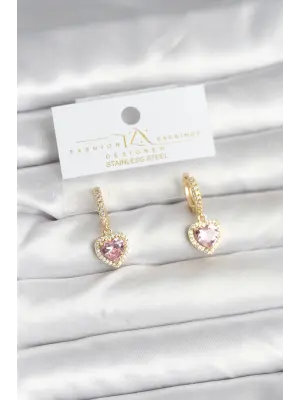 Pirinç Gold Pembe Renk Zirkon Taşlı Kalp Model Kadın Küpe