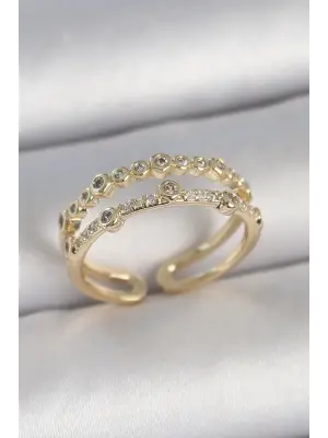 Pirinç Gold Renk 2Li Sıralı Zirkon Taşlı Ayarlanabilir Model Kadın Yüzük