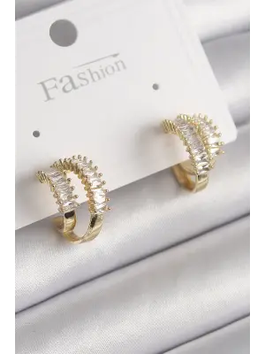  Altın 2Li Zirkon Taşlı Halka Model Çelik Küpe