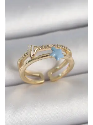 Pirinç Gold Renk 2Li Zirkon Taşlı Mavi Yıldız Figür Ayarlanabilir Kadın Yüzük