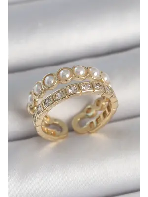Pirinç Gold Renk 2Li Zirkon Taşlı Ve İncili Ayarlanabilir Kadın Yüzük