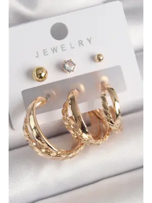  Altın 3Lü Halka Model Zirkon Taş Topçuk Model Çelik Küpe Seti