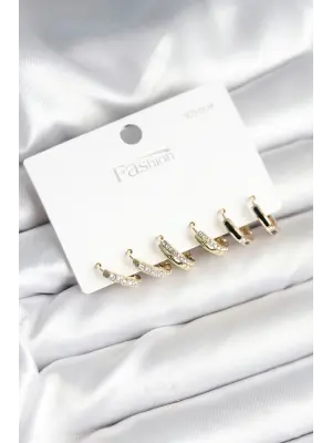 Pirinç Gold Renk 925 Ayar Gümüş Çivi Kadın Küpe Seti