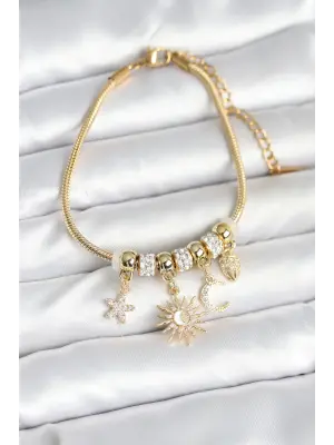 Pirinç Gold Renk Ay ve Güneş Charmlı Kadın Bileklik