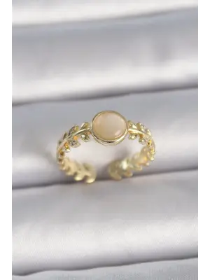  Altın Ayarlanabilir Bej Daire Mineli Yaprak Model Çelik Yüzük