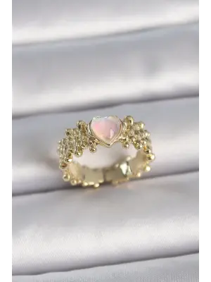  Altın Ayarlanabilir Beyaz Mineli Kalp Model Çelik Yüzük