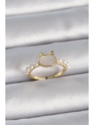  Altın Ayarlanabilir Beyaz Mineli Kedi Model İnci Detay Çelik Yüzük