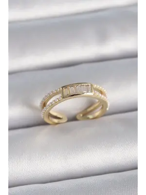  Altın Ayarlanabilir Sıralı İncili Zirkon Taş Detaylı Çelik Yüzük